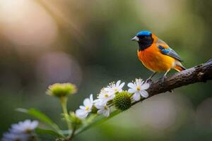 uma colorida pássaro senta em uma ramo com flores gerado por IA foto