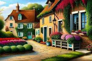 uma pintura do uma pequeno Cidade com flores e plantas. gerado por IA foto