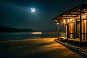 uma pequeno cabana em a de praia às noite com a lua brilhando. gerado por IA foto