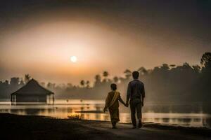 uma homem e mulher caminhando ao longo a estrada às pôr do sol. gerado por IA foto