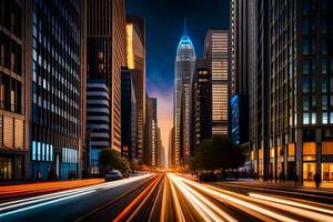 uma cidade rua às noite com carros dirigindo em isto. gerado por IA foto