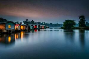 uma linha do casas em a água às crepúsculo. gerado por IA foto