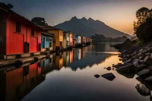 colorida casas em a costa do uma rio às pôr do sol. gerado por IA foto