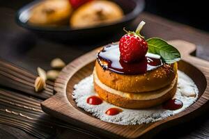 uma sobremesa com morangos e creme em uma de madeira placa. gerado por IA foto