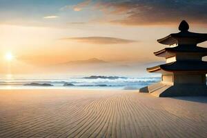 uma pagode senta em a areia às pôr do sol. gerado por IA foto