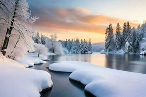uma Nevado rio dentro a inverno. gerado por IA foto