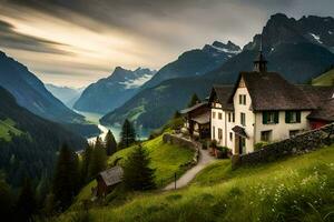uma casa dentro a montanhas com uma lago e montanhas. gerado por IA foto