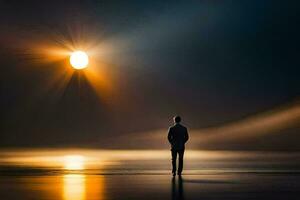 uma homem em pé em a de praia olhando às a Sol. gerado por IA foto