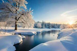 uma rio dentro a neve. gerado por IA foto