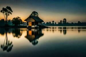 uma pequeno cabana senta em a costa do uma lago às nascer do sol. gerado por IA foto