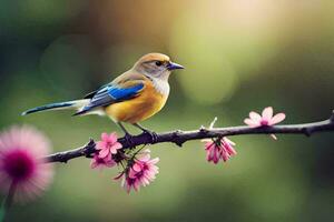 uma azul e amarelo pássaro senta em uma ramo com Rosa flores gerado por IA foto