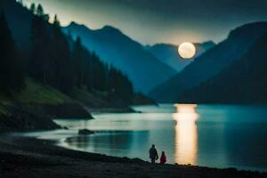 foto papel de parede a lua, lago, montanhas, a céu, a montanhas, a céu, o. gerado por IA