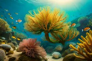 a embaixo da agua cena com coral recifes e peixe. gerado por IA foto
