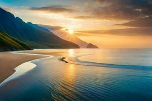 a Sol conjuntos sobre uma de praia e montanhas. gerado por IA foto