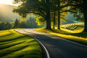 uma estrada dentro a campo com árvores e grama. gerado por IA foto