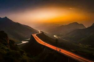 uma grandes exposição fotografia do uma estrada dentro a montanhas. gerado por IA foto