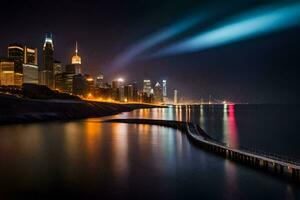 a Chicago Horizonte às noite com uma luz viga brilhando sobre a água. gerado por IA foto