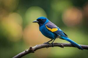 uma azul e amarelo pássaro sentado em uma ramo. gerado por IA foto