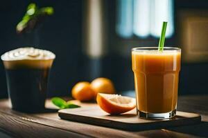 uma vidro do laranja suco e uma café. gerado por IA foto