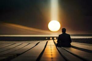 uma homem sentado em uma doca olhando às a Sol. gerado por IA foto