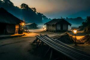 foto papel de parede a céu, noite, a Vila, a cabana, a Vila, a cabana,. gerado por IA