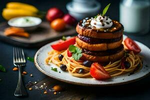 uma pilha do panquecas com tomates, queijo e legumes. gerado por IA foto