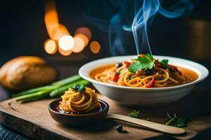 espaguete com almôndegas e legumes dentro uma tigela. gerado por IA foto
