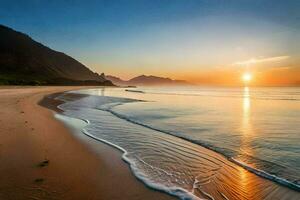 a Sol sobe sobre a oceano e a ondas em a de praia. gerado por IA foto