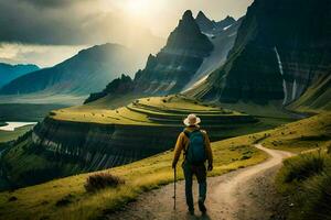 uma homem com uma mochila caminhando em uma trilha dentro a montanhas. gerado por IA foto