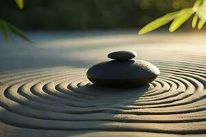 uma zen jardim com pedras e bambu. gerado por IA foto