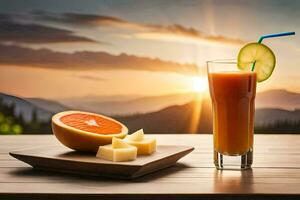 a suco é em uma de madeira mesa com uma fatia do laranja e queijo. gerado por IA foto