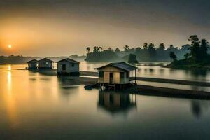 pôr do sol sobre uma lago com pequeno casas em a costa. gerado por IA foto