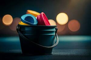uma balde preenchidas com colorida plástico brinquedos. gerado por IA foto