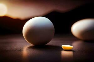 dois ovos estão sentado em uma mesa com uma pequeno ovo dentro a meio. gerado por IA foto