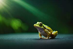 uma rã sentado em uma verde superfície com uma brilhante claro. gerado por IA foto