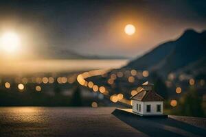 uma miniatura casa senta em topo do uma Colina às pôr do sol. gerado por IA foto