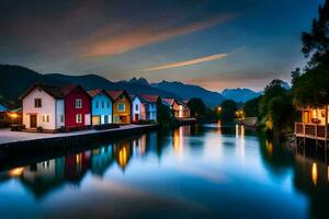 colorida casas ao longo uma rio às noite. gerado por IA foto