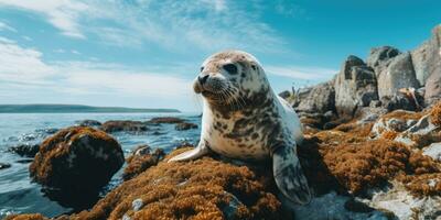 uma fofa foca sentado em lindo Rocha perto oceano ai generativo foto