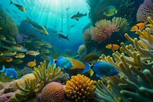 embaixo da agua cena com colorida peixe e coral recifes. gerado por IA foto