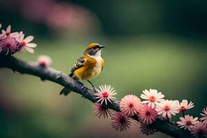 uma pássaro senta em uma ramo com Rosa flores gerado por IA foto