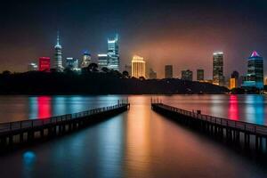 uma cidade Horizonte às noite com uma cais e água. gerado por IA foto