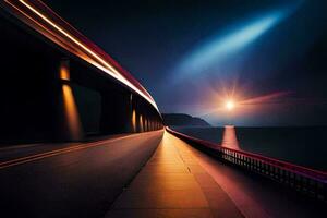 uma grandes exposição foto do uma ponte às noite. gerado por IA