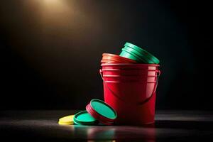 uma vermelho balde com três verde tampas. gerado por IA foto