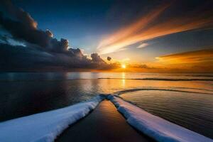 a Sol conjuntos sobre a oceano e neve coberto de praia. gerado por IA foto