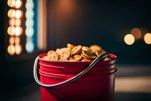 uma vermelho balde preenchidas com biscoitos. gerado por IA foto