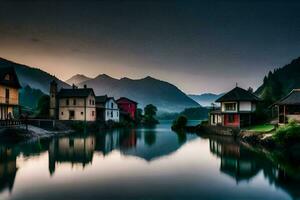 uma lago e casas dentro a montanhas. gerado por IA foto