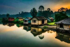 casas em a água às pôr do sol. gerado por IA foto