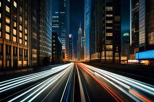 uma cidade rua às noite com luz trilhas. gerado por IA foto