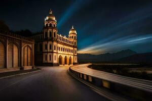 uma grandes exposição fotografia do uma Igreja às noite. gerado por IA foto