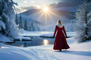 uma mulher dentro uma vermelho vestir anda em através a neve. gerado por IA foto